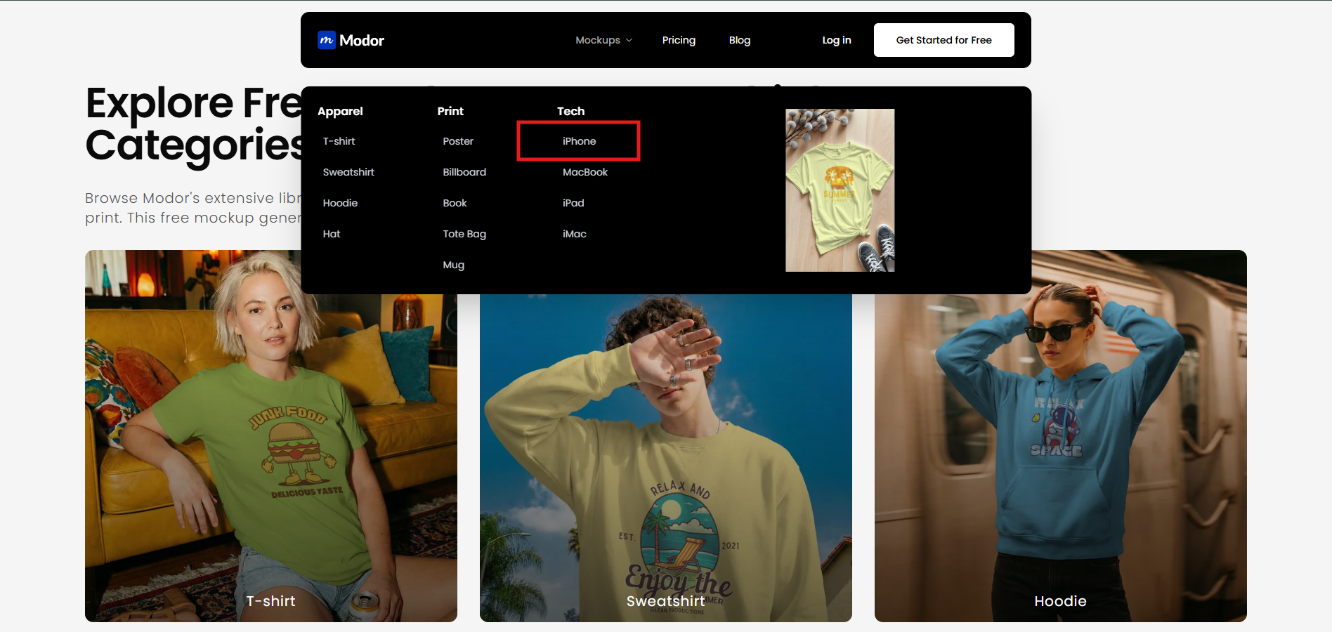 Modor homepage showing categories of mockup templates